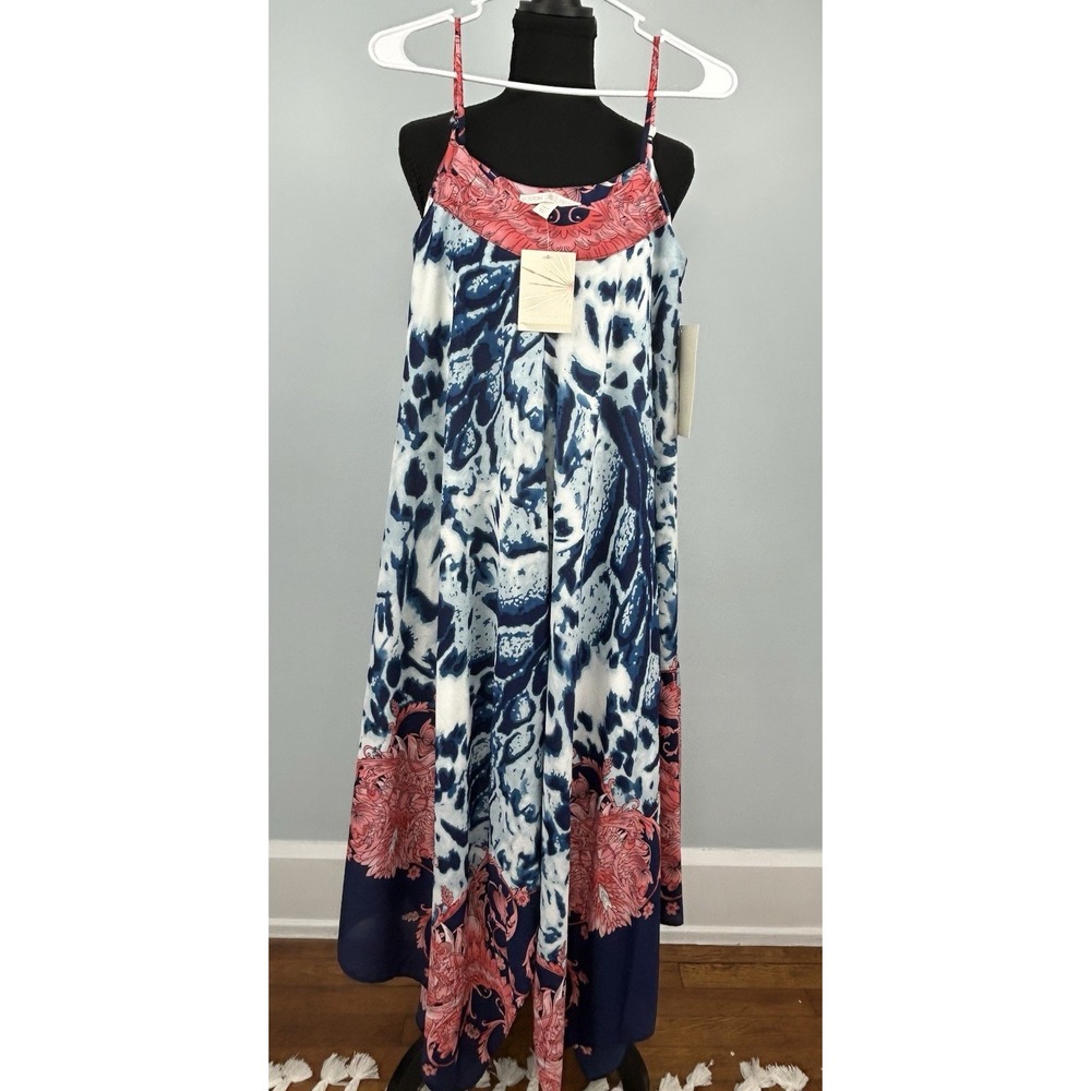 Boston Proper Navy Blue and Coral Floral Tie-Dye Maxi Dress